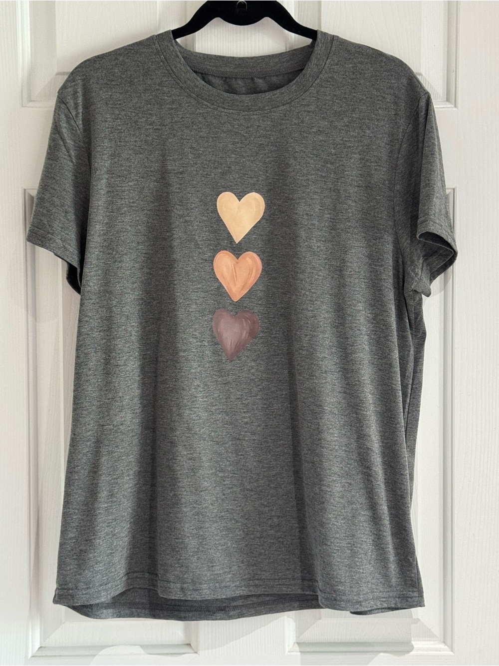 Women's Gray Short Sleeve Tee with Three Heart Motif - Neutral Tones